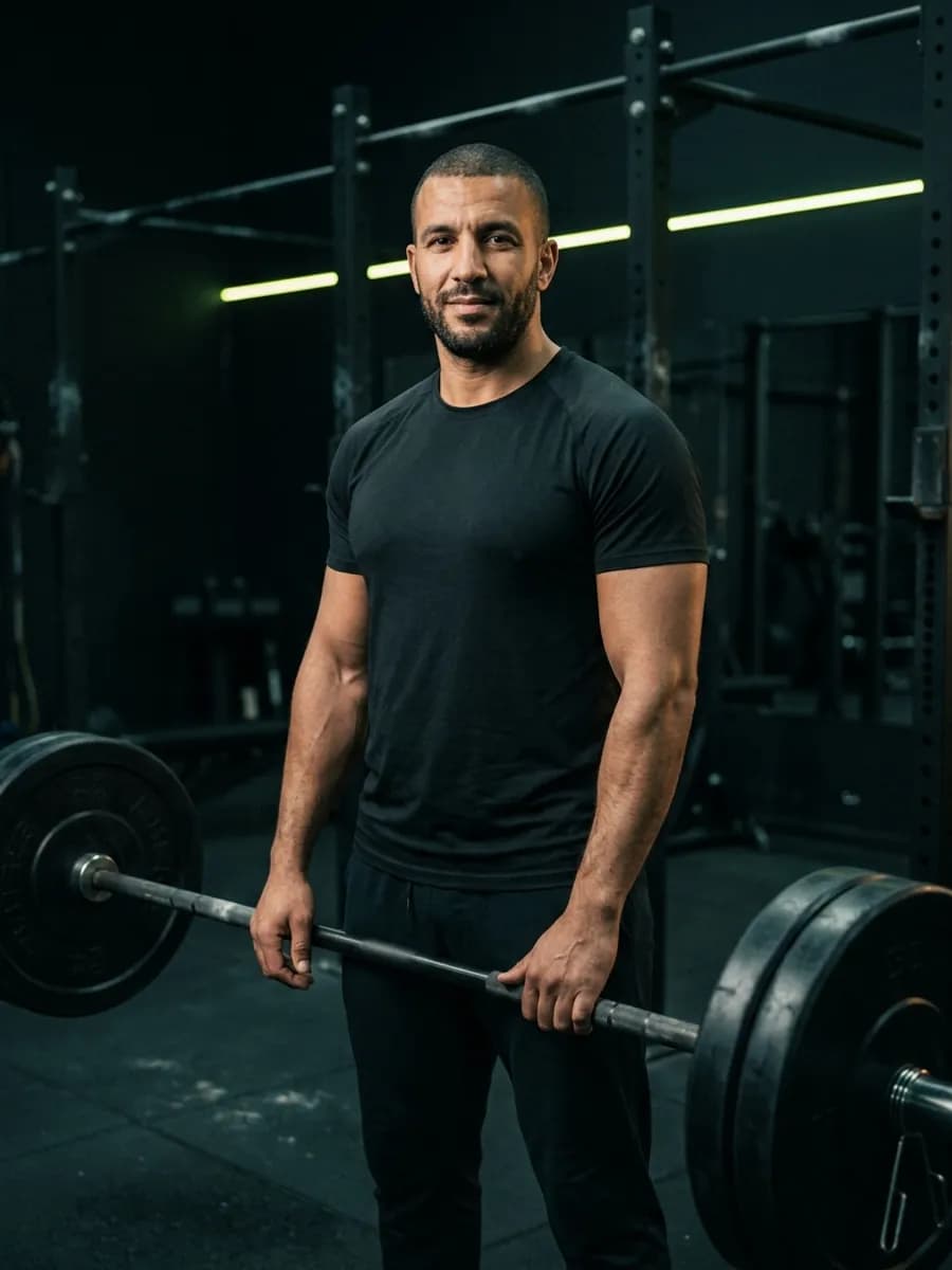 Portrait d'Idriss Benali, coach de force athlétique, à côté d'une barre chargée.