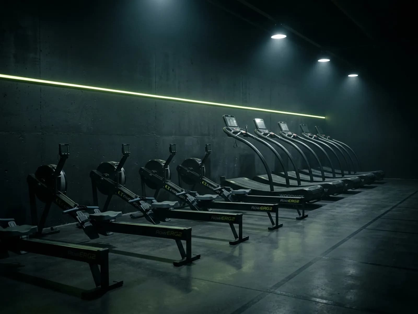Rangée de rameurs et de tapis curve dans une zone cardio sombre et ordonnée.